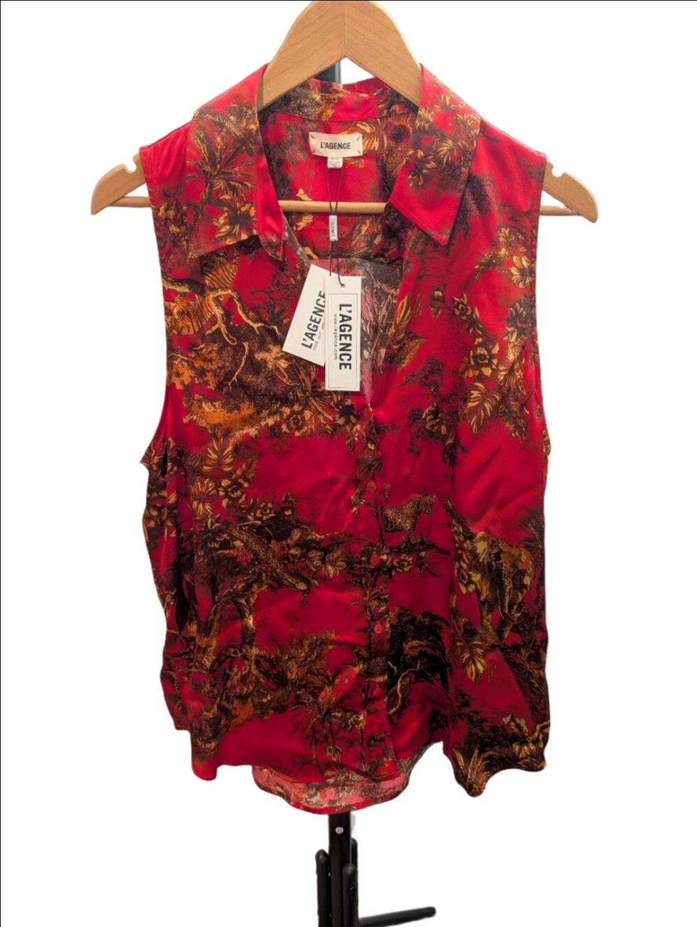 L'AGENCE Red and Brown Printed Sleeveless Button-Front Blouse